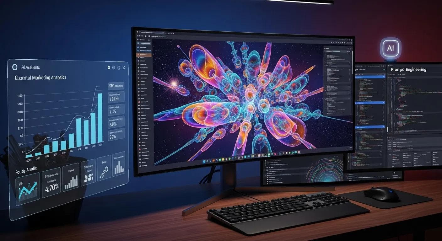 Generative Engine Optimization workspace with AI graphics and digital marketing tools