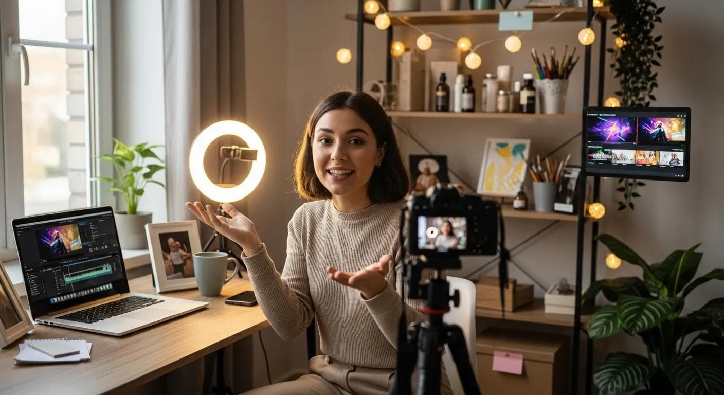 Small business owner filming a video in a cozy workspace, highlighting the excitement of video marketing