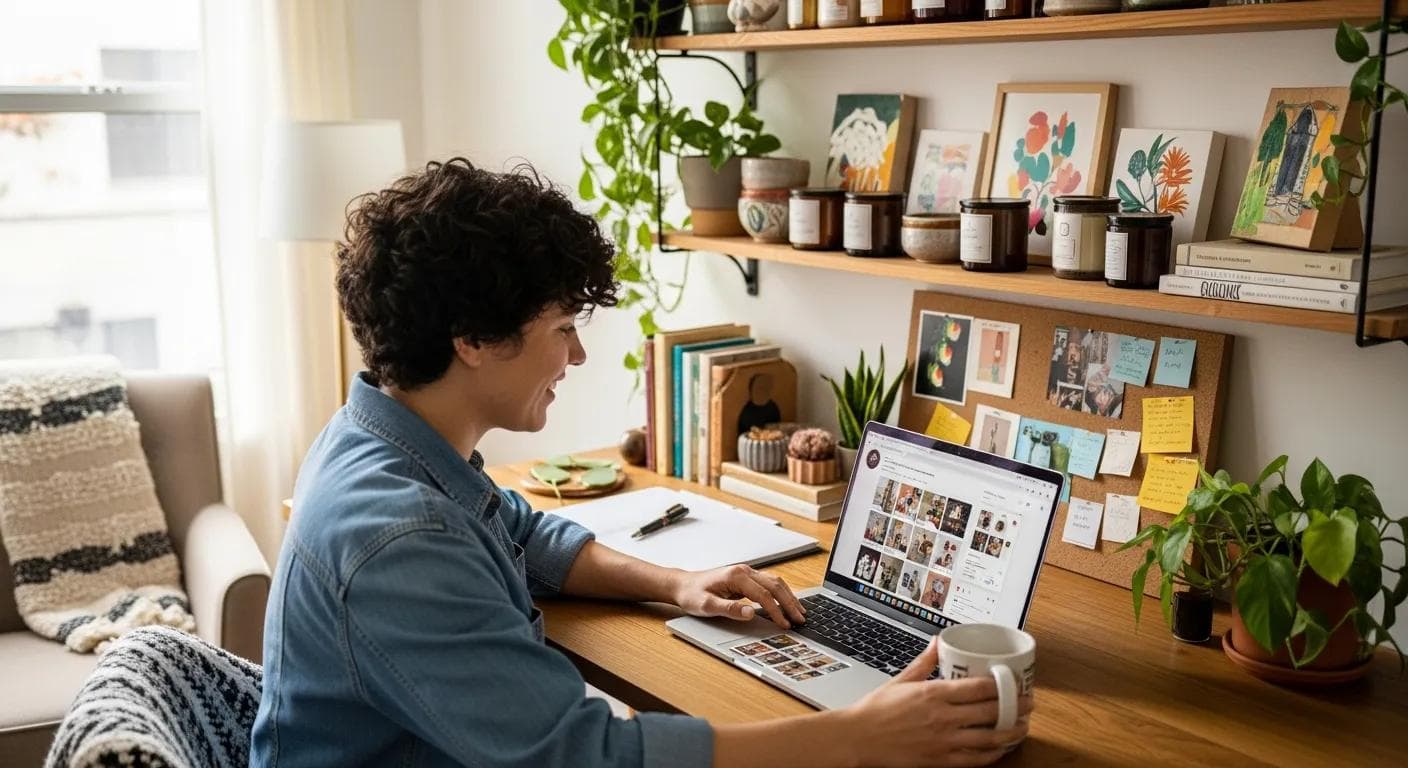Small business owner managing Instagram in a cozy workspace