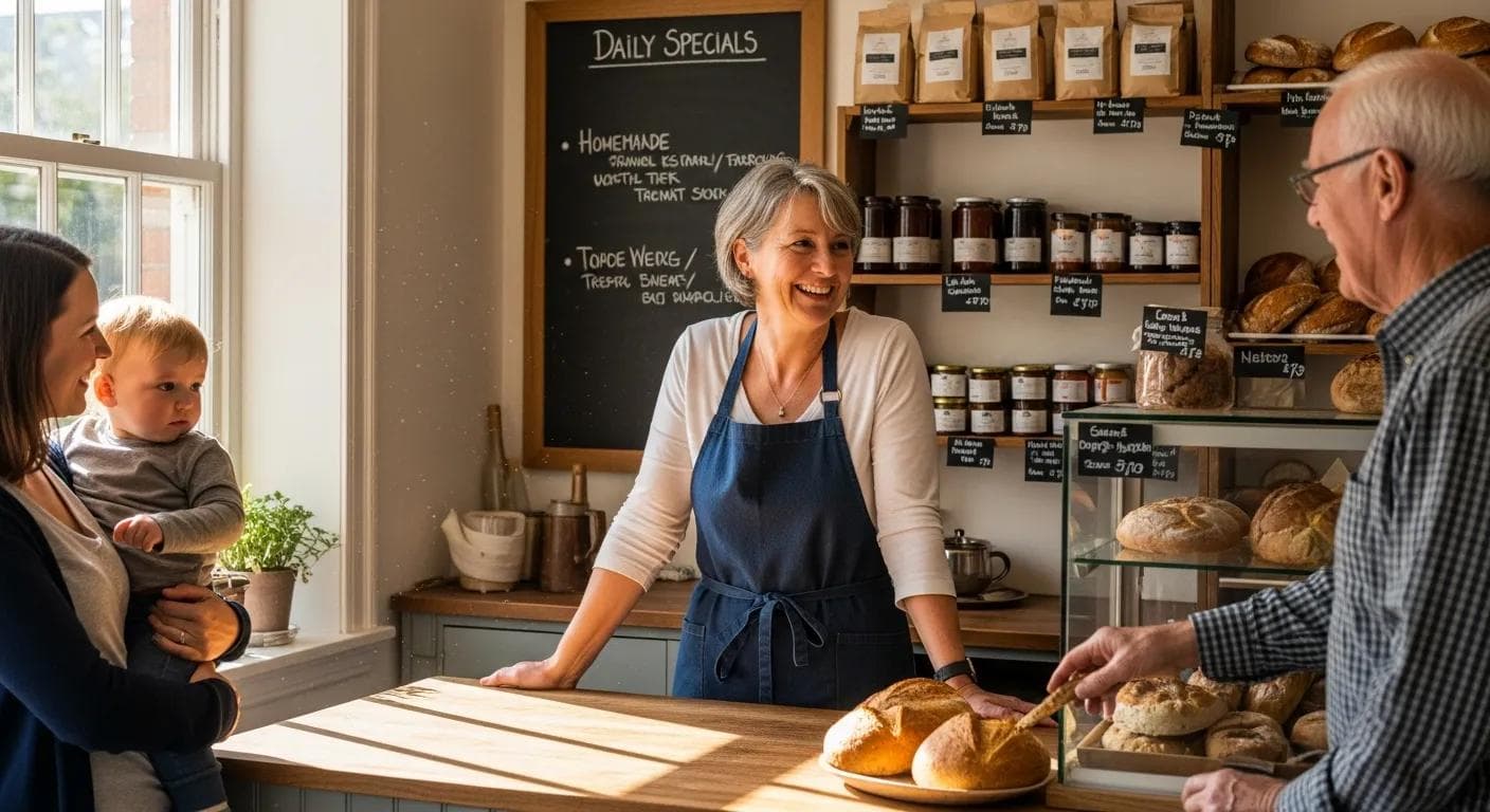Small business owner engaging with customers in a local shop, emphasizing community connection