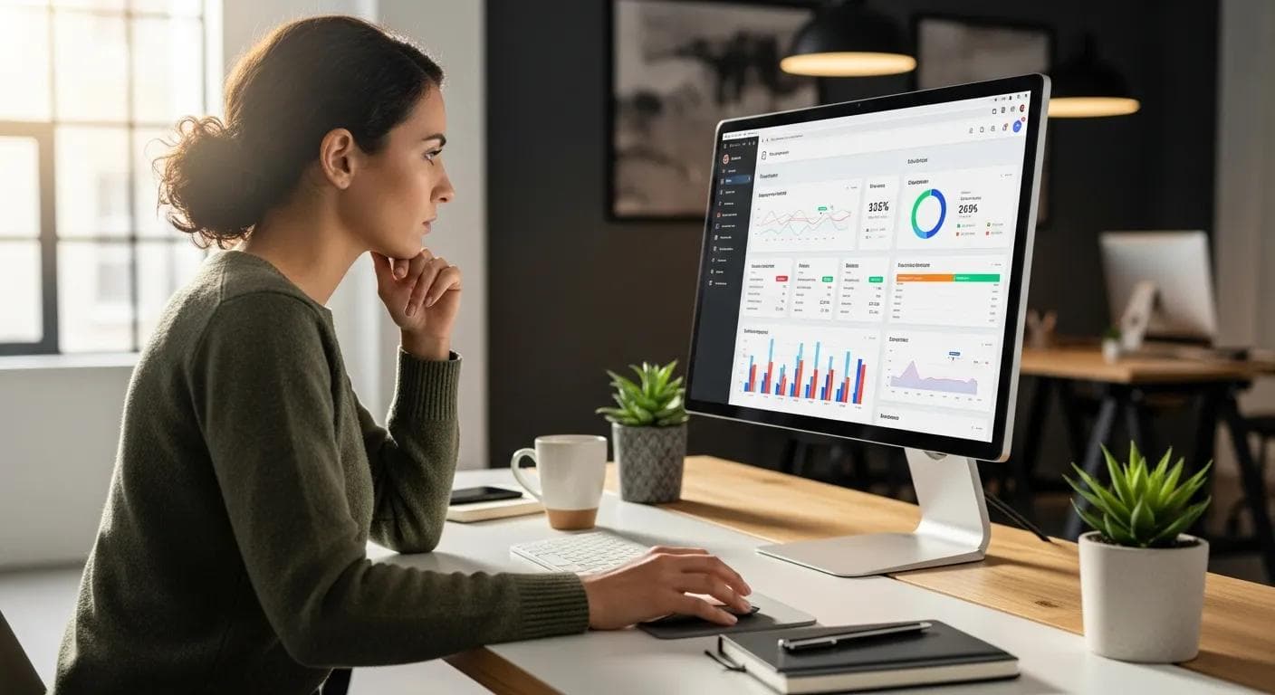 Small business owner analyzing social media metrics in a modern workspace