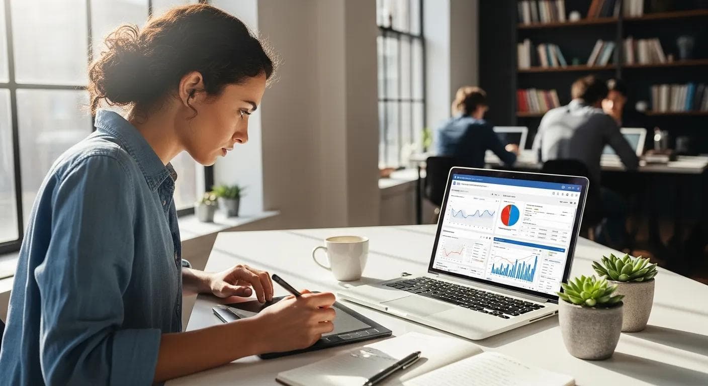 Small business owner analyzing Facebook Ads data on a laptop in a bright workspace