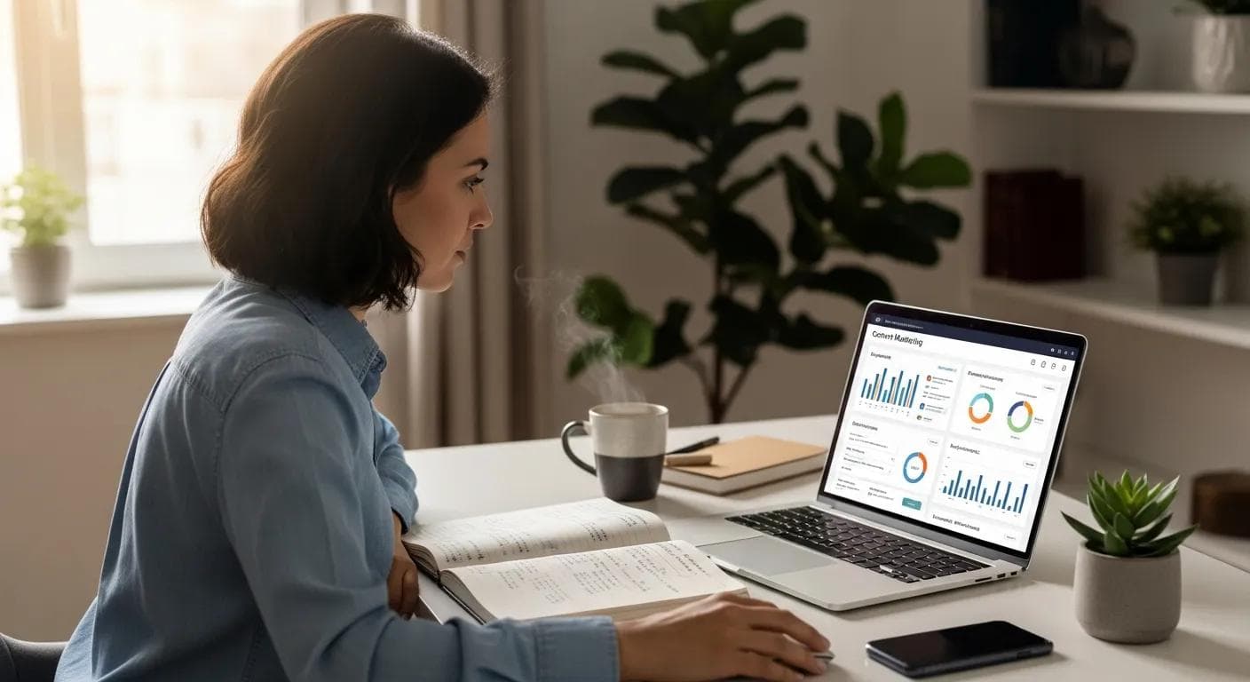 Small business owner using AI tools for content marketing strategy