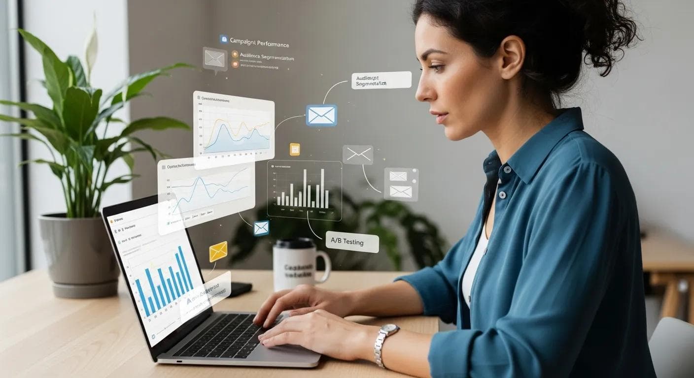 Small business owner using a laptop for email marketing automation with digital elements