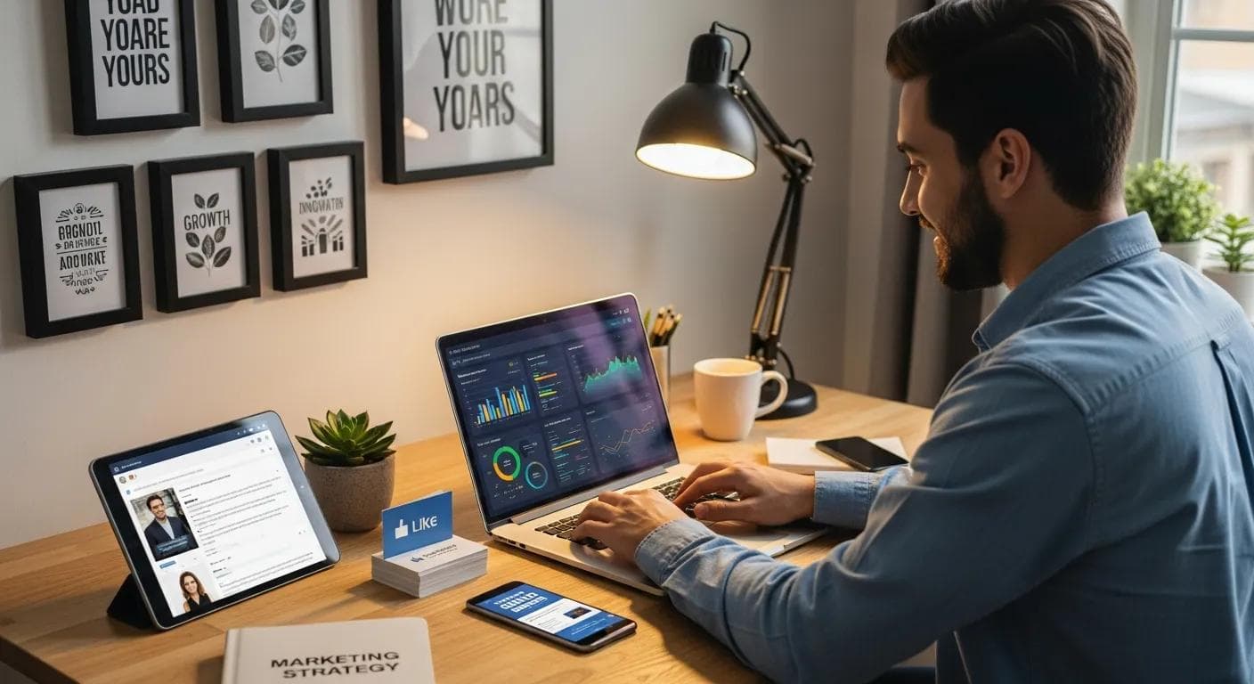 Small business owner using a laptop in a cozy office, surrounded by digital marketing elements