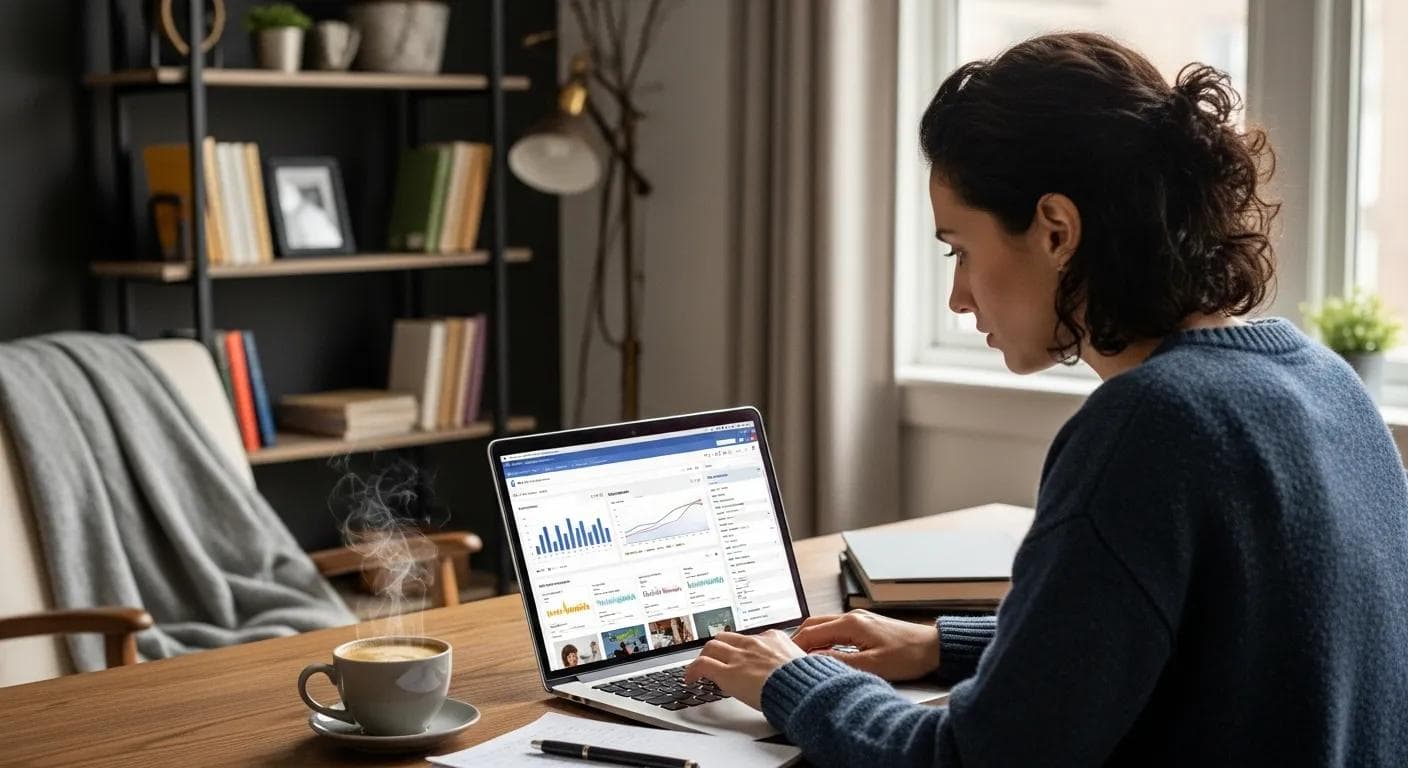 Small business owner analyzing Facebook Ads in a cozy office setting