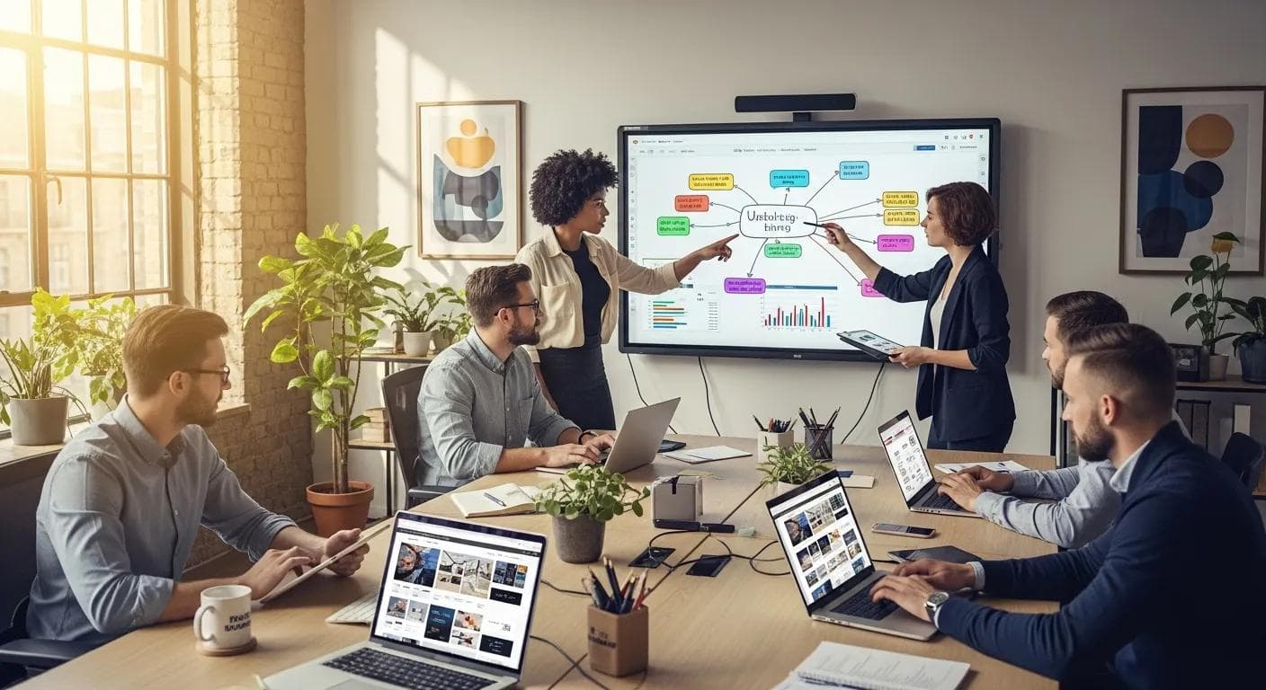 Team of marketing professionals collaborating with digital tools in a modern office