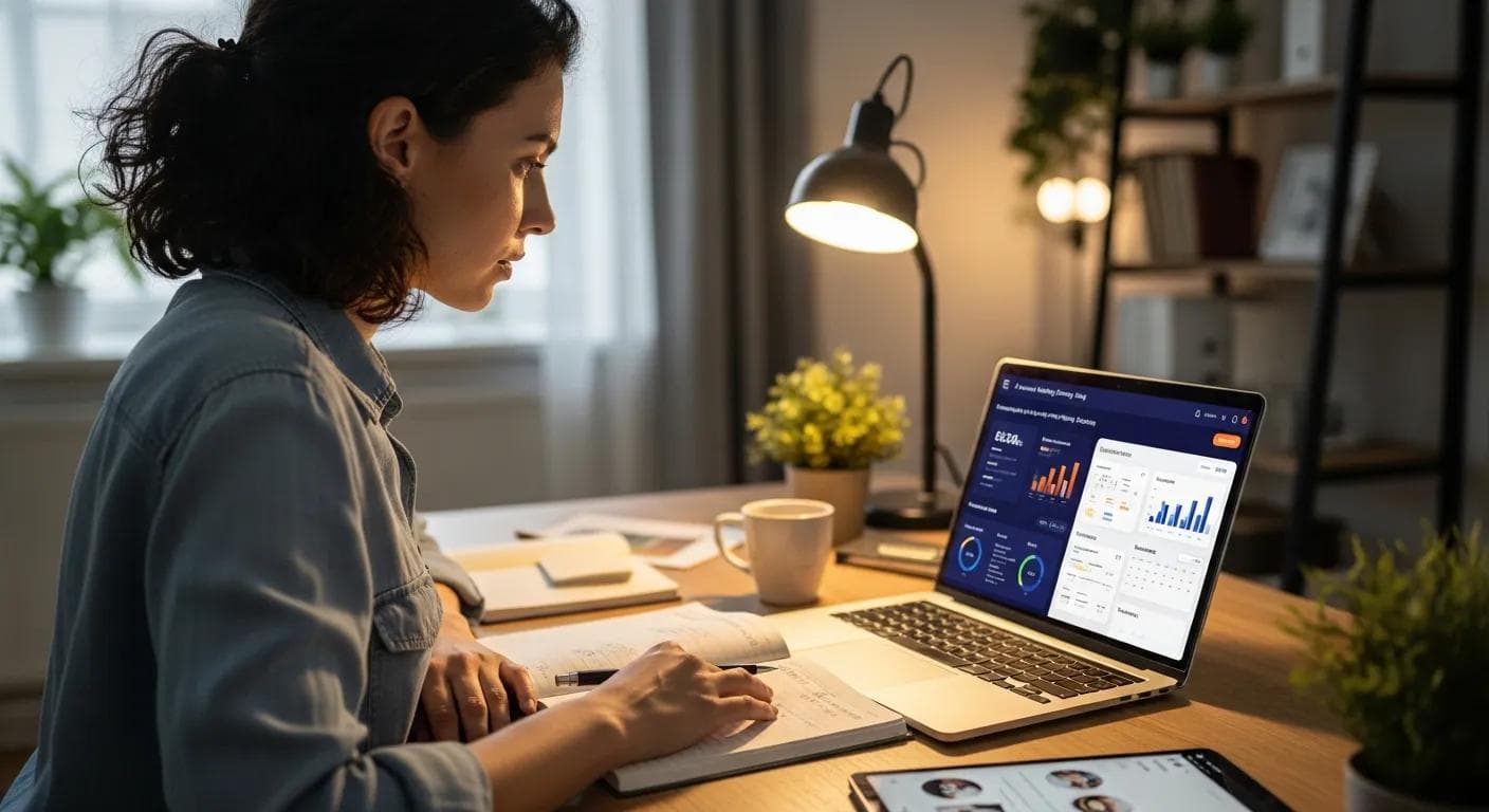 Small-business owner using AI tools to plan marketing