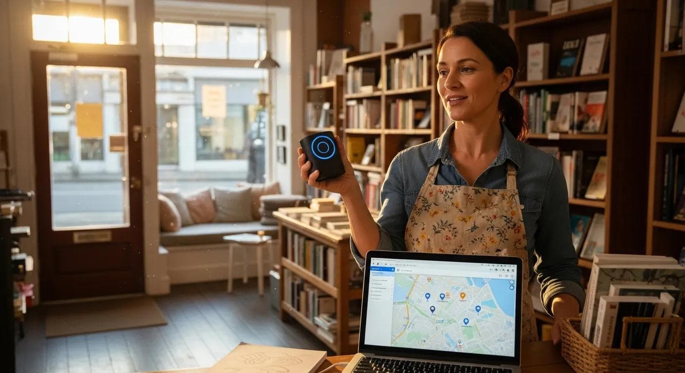 Local shop owner using a voice assistant to find nearby services