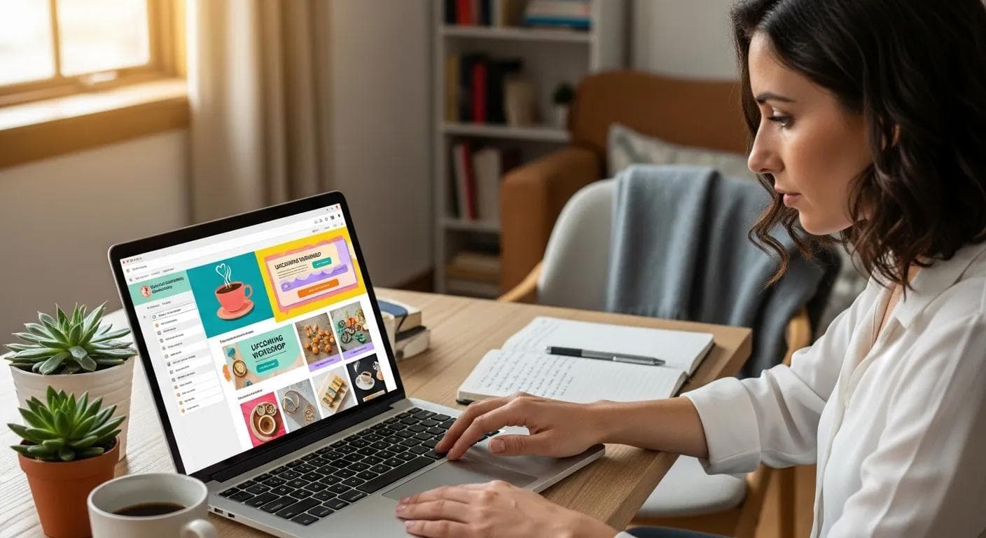 Small business owner building an email campaign on a laptop with colorful visuals