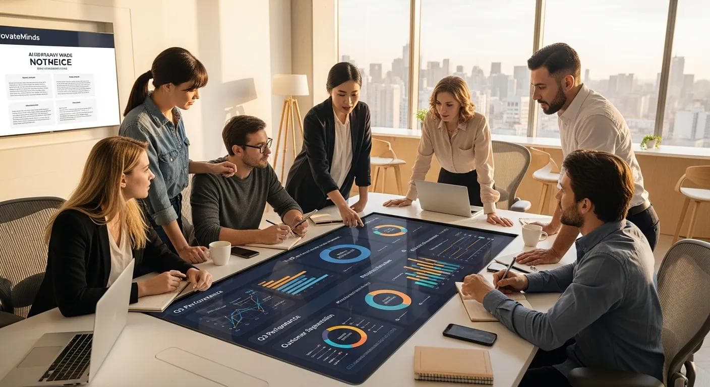 Team collaborating on AI-driven marketing strategies in a modern office