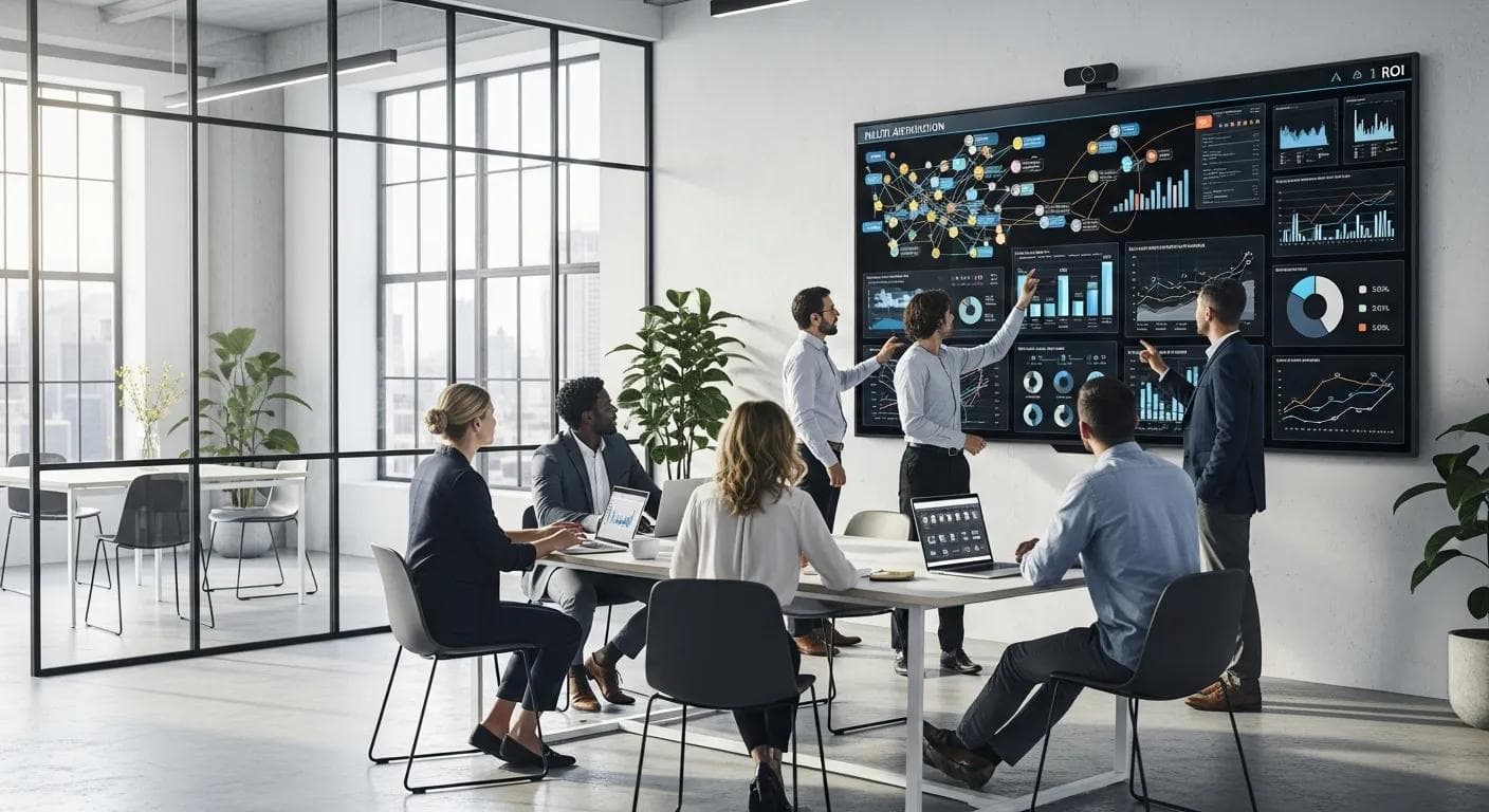 Team reviewing multi-touch attribution data and charts together in a modern office