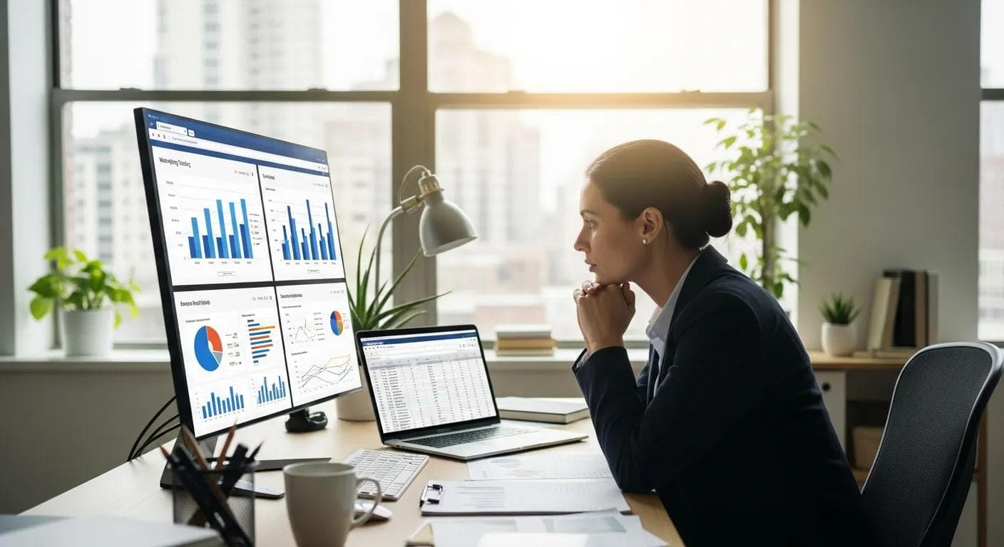 Small business owner reviewing marketing performance charts in a bright office
