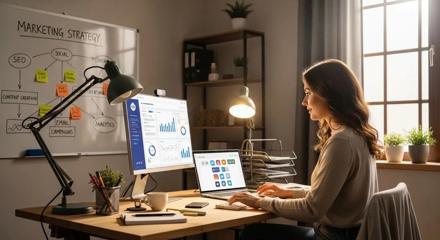 Small business owner using AI marketing tools in a cozy office