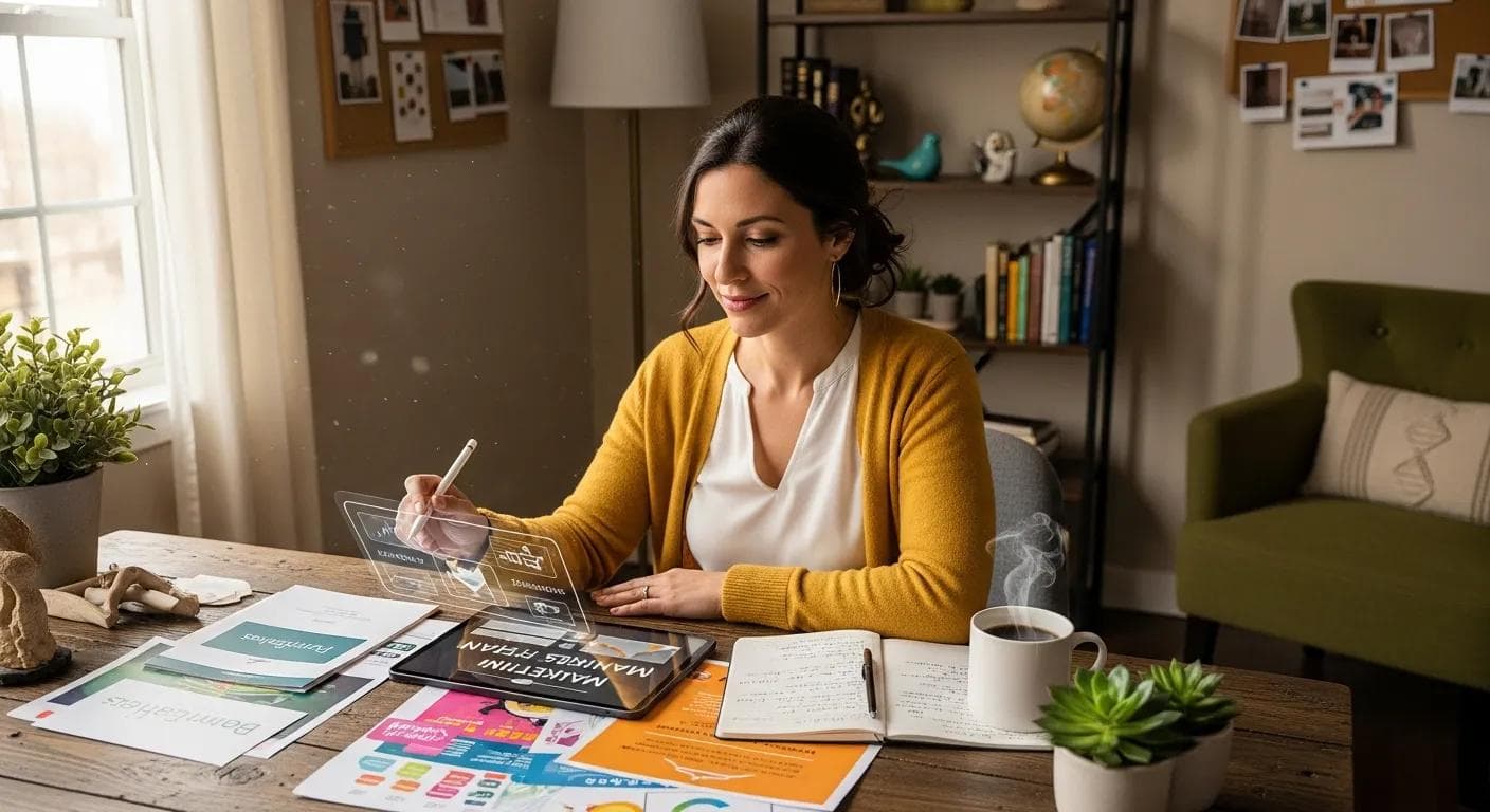 Small business owner reviewing marketing plans in a cozy office