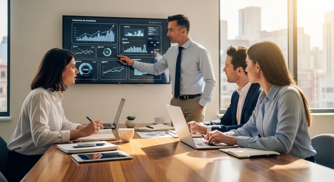 Small-business owner working with marketing experts in a modern office