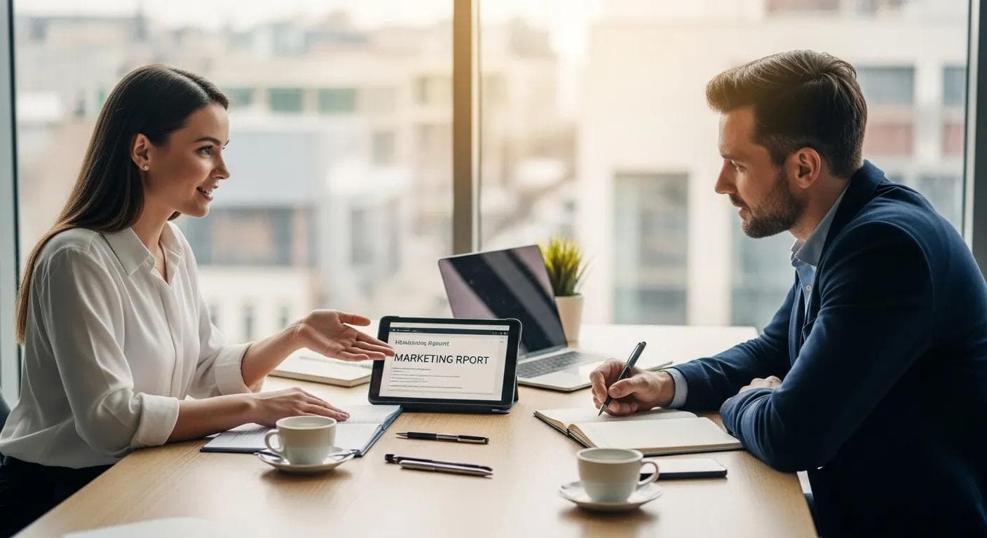 Small-business owner discussing strategy with a marketing consultant about outsourced services