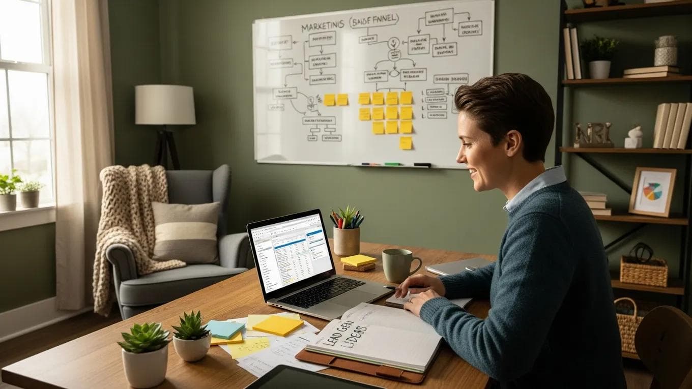 Small business owner working on lead generation strategies in a cozy office