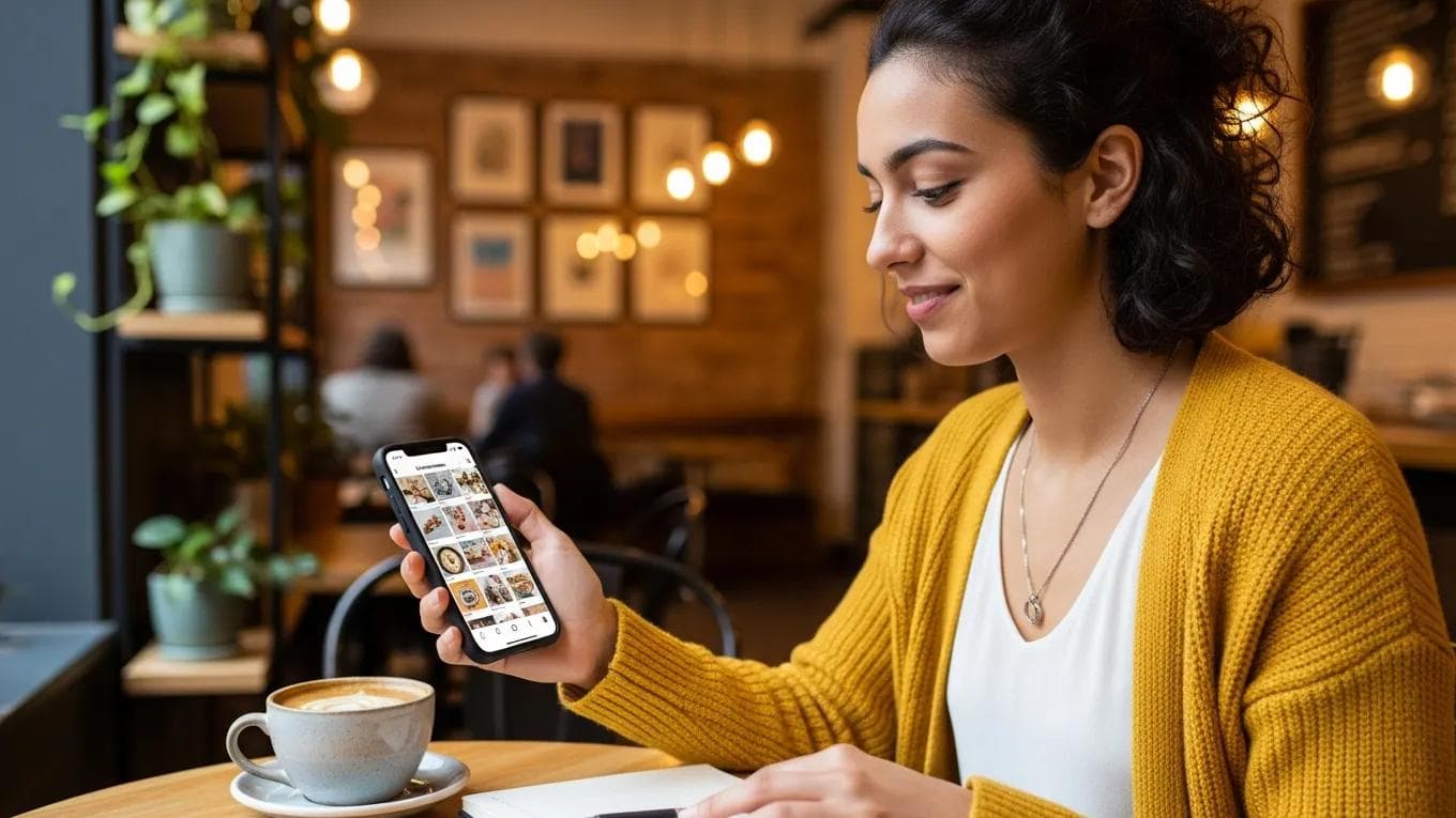 Small business owner using Instagram on a smartphone in a cozy café