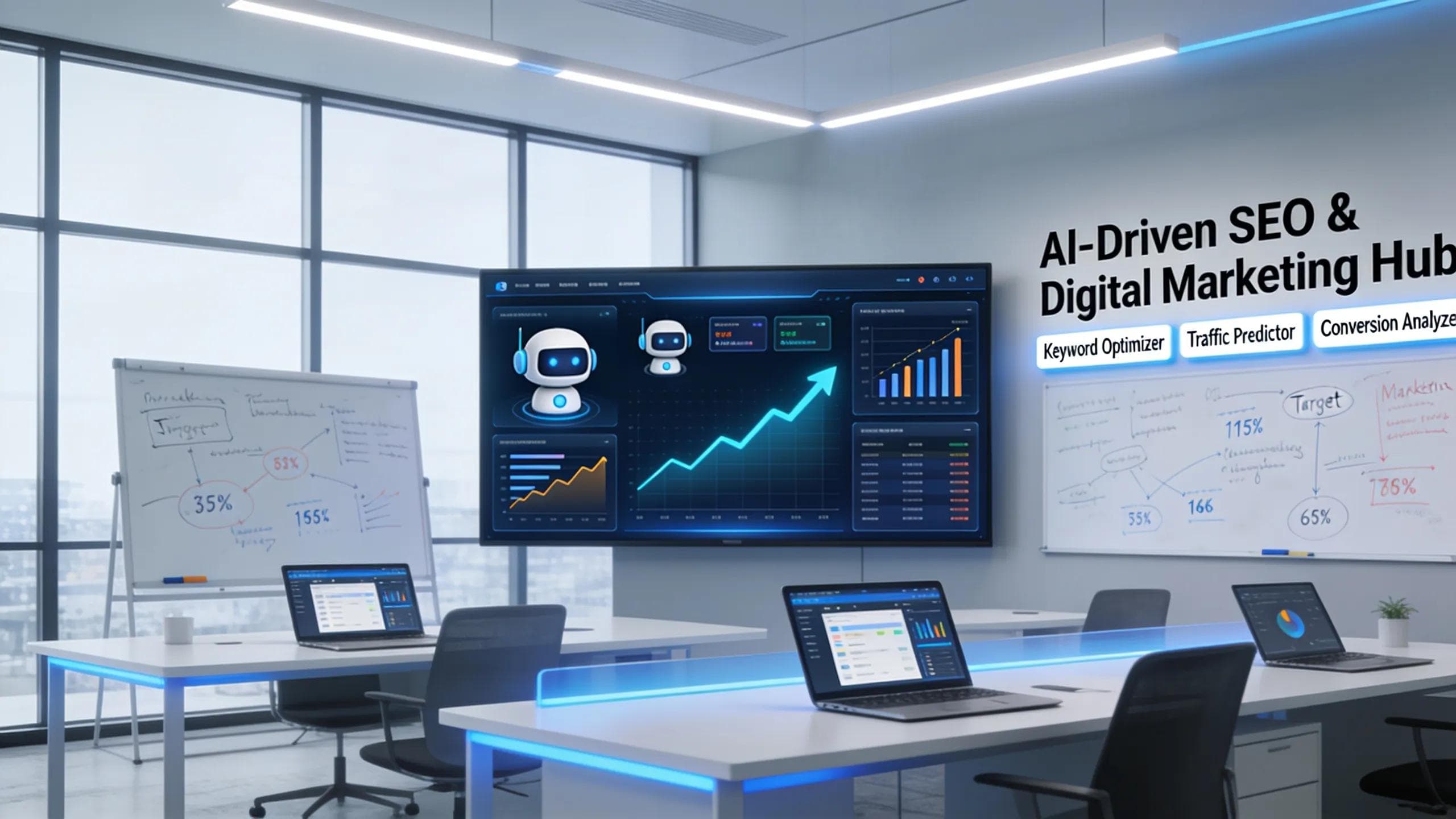 Modern workspace showcasing AI-driven SEO tools and digital marketing growth