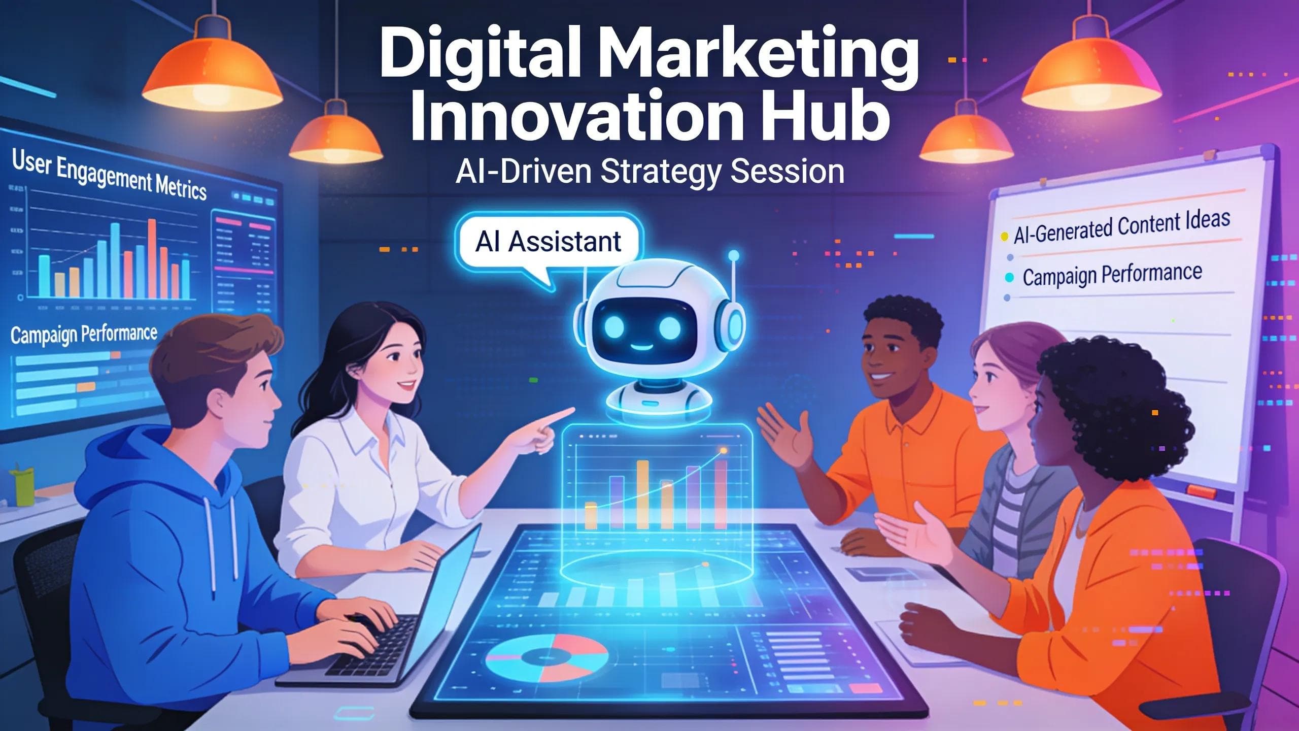 Vibrant digital marketing scene with team collaboration and AI integration