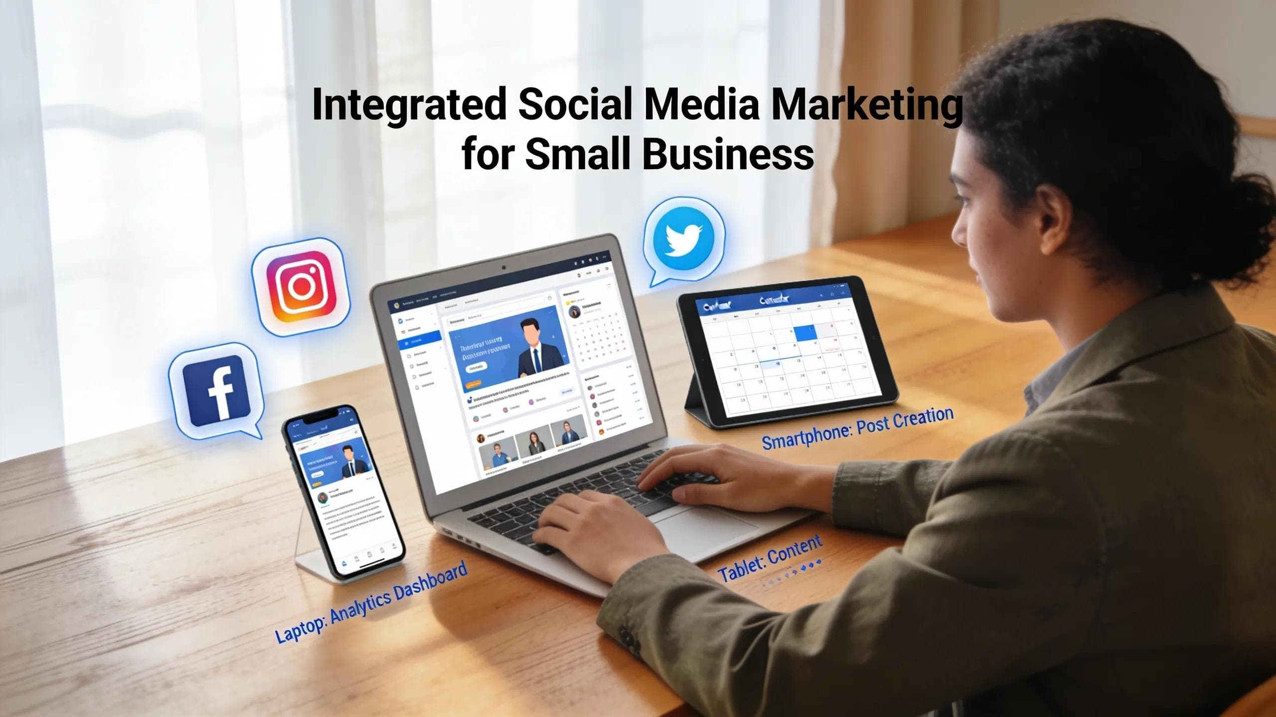 Small business owner utilizing integrated social media marketing strategies across multiple devices