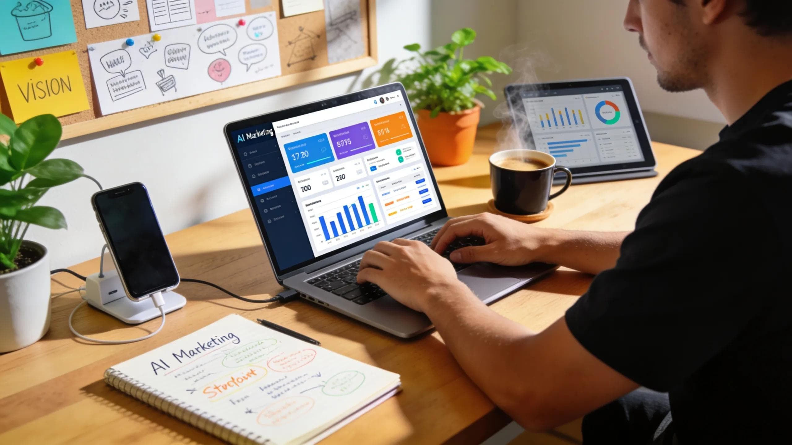 Small business owner using AI marketing tools on a laptop in a creative workspace