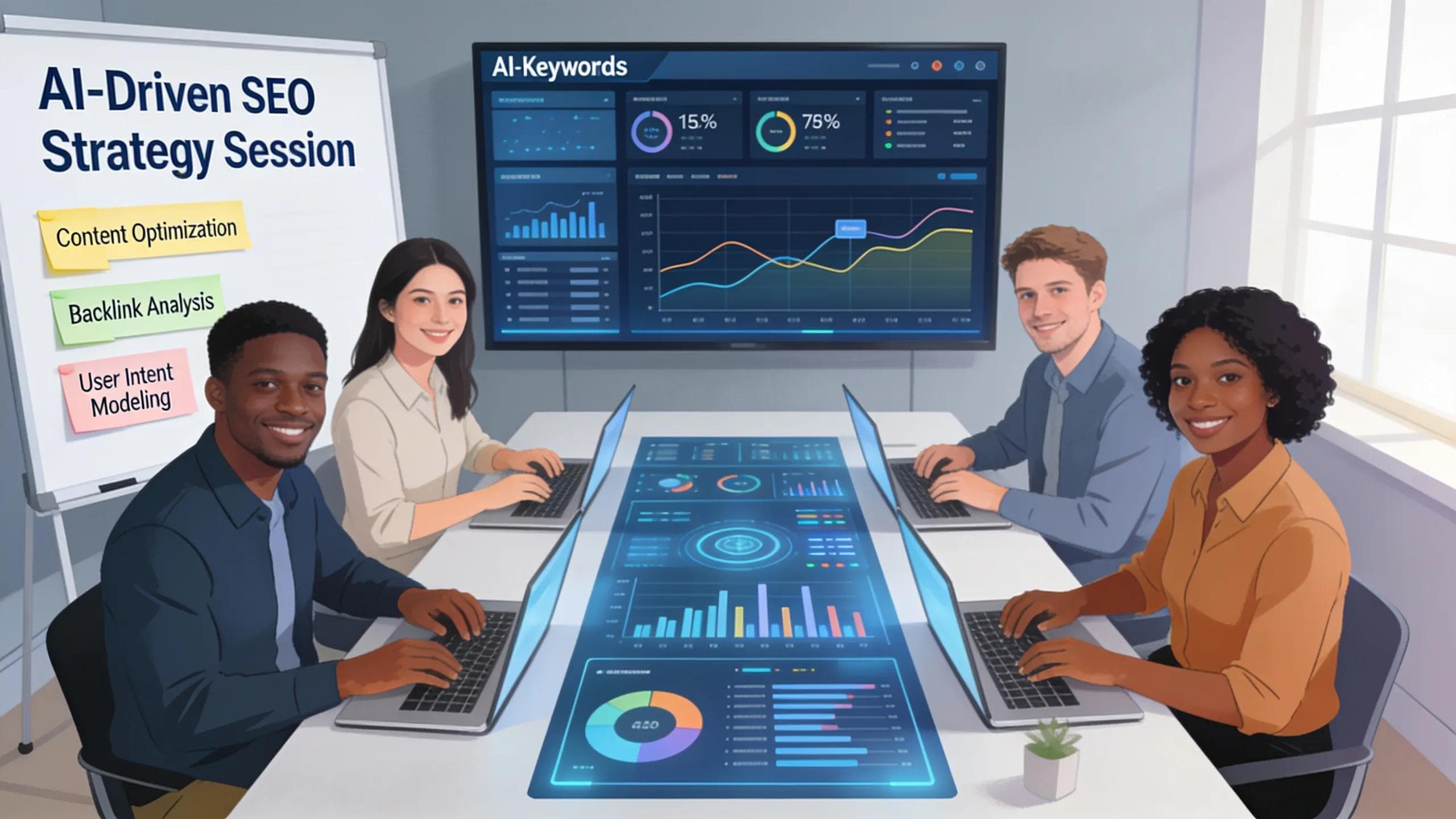 Team collaborating on AI-driven SEO strategies with laptops and digital analytics