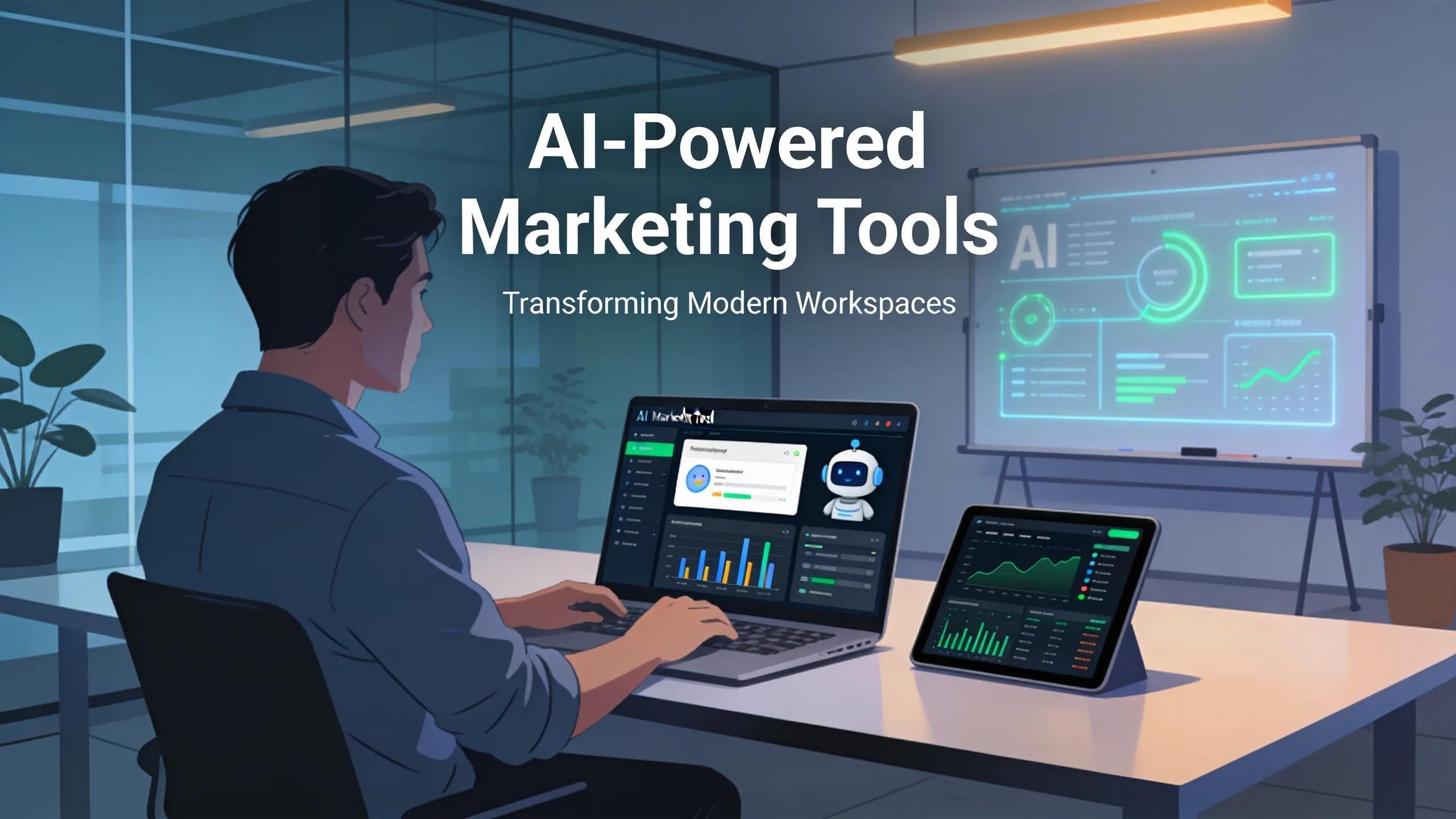Artificial intelligence in marketing tools showcasing a modern workspace with a person using technology