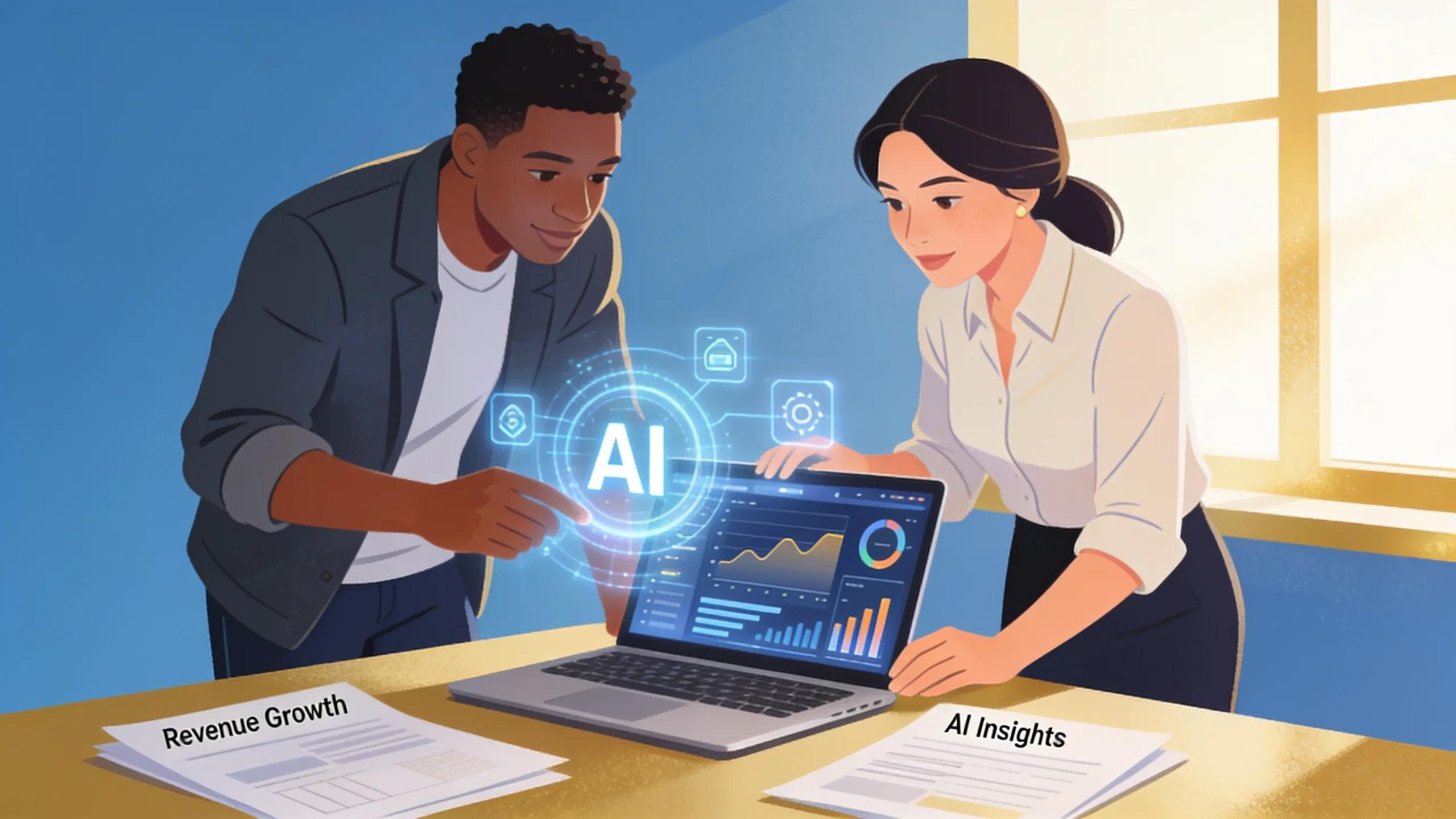 Small business owners engaging with AI technology, emphasizing innovation and revenue growth