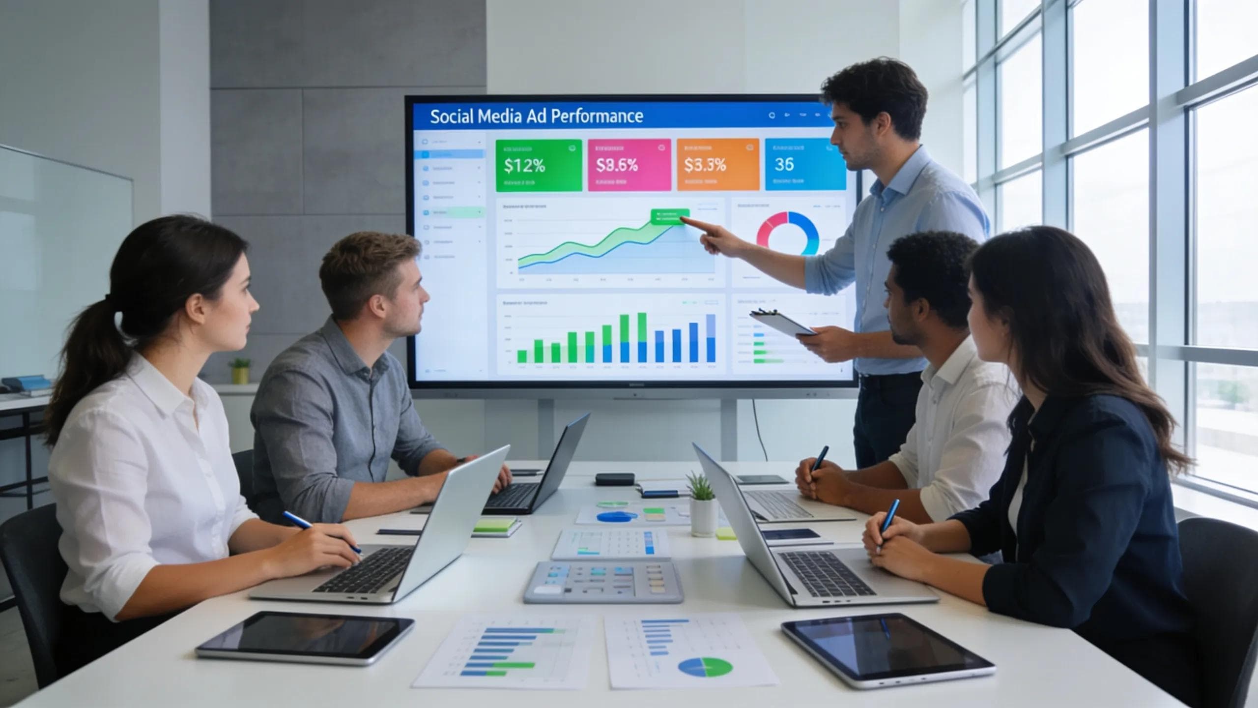 Group of professionals analyzing social media ads with technology in a modern workspace