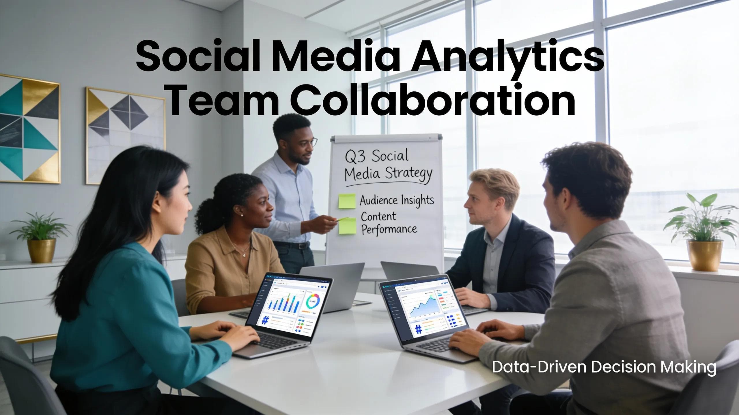 Diverse professionals collaborating on social media analytics in a modern office setting