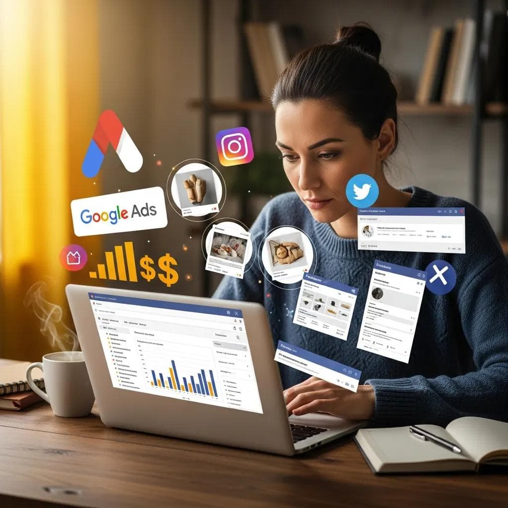 Small business owner analyzing Google Ads and social media advertising strategies