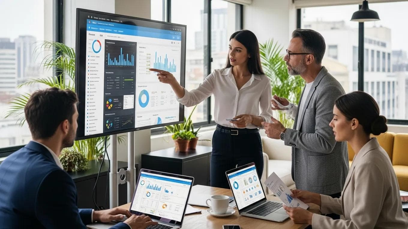 Business professionals collaborating on digital marketing analytics in a modern office