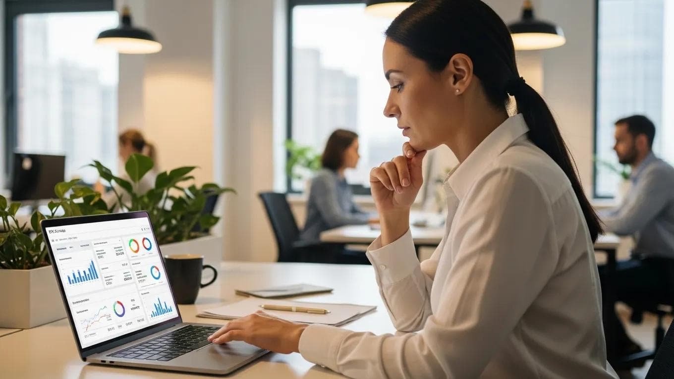 Business owner reviewing PPC campaign data on a laptop in a modern office