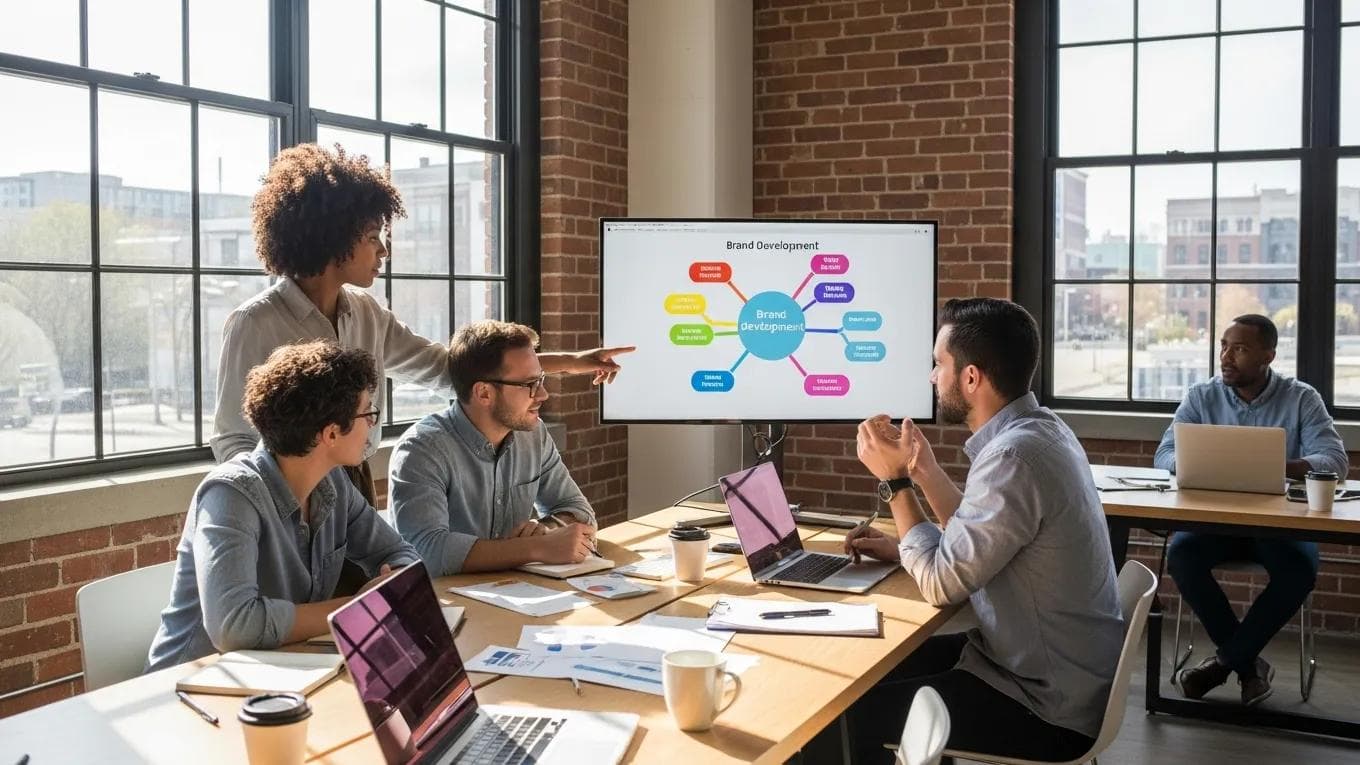 Entrepreneurs collaborating on brand development strategies in a modern Wilmington workspace