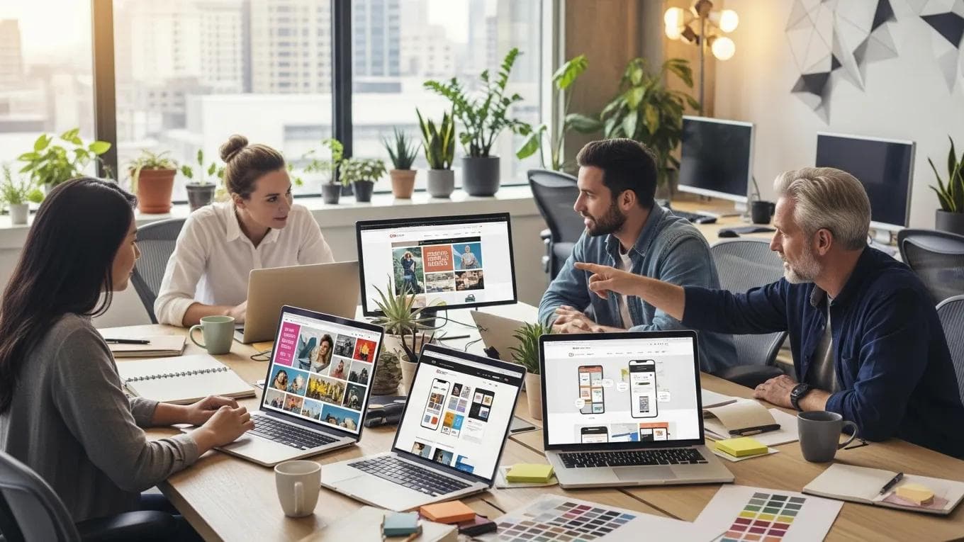 Modern office workspace with professionals collaborating on responsive web design projects