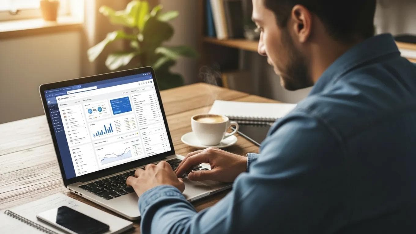 Small business owner analyzing Facebook Ads on a laptop in a cozy workspace