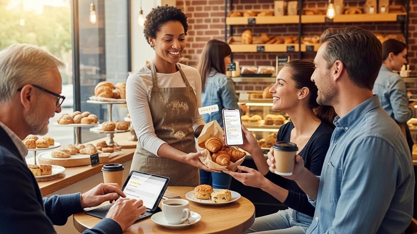 Small business owner engaging with customers, highlighting the importance of online reviews