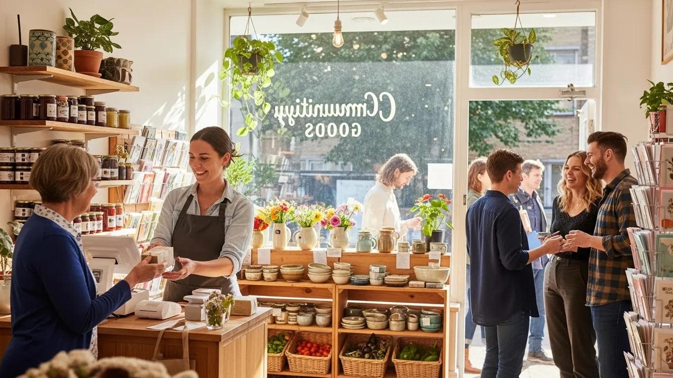 Small business owner engaging with customers in a local shop, emphasizing community and local SEO