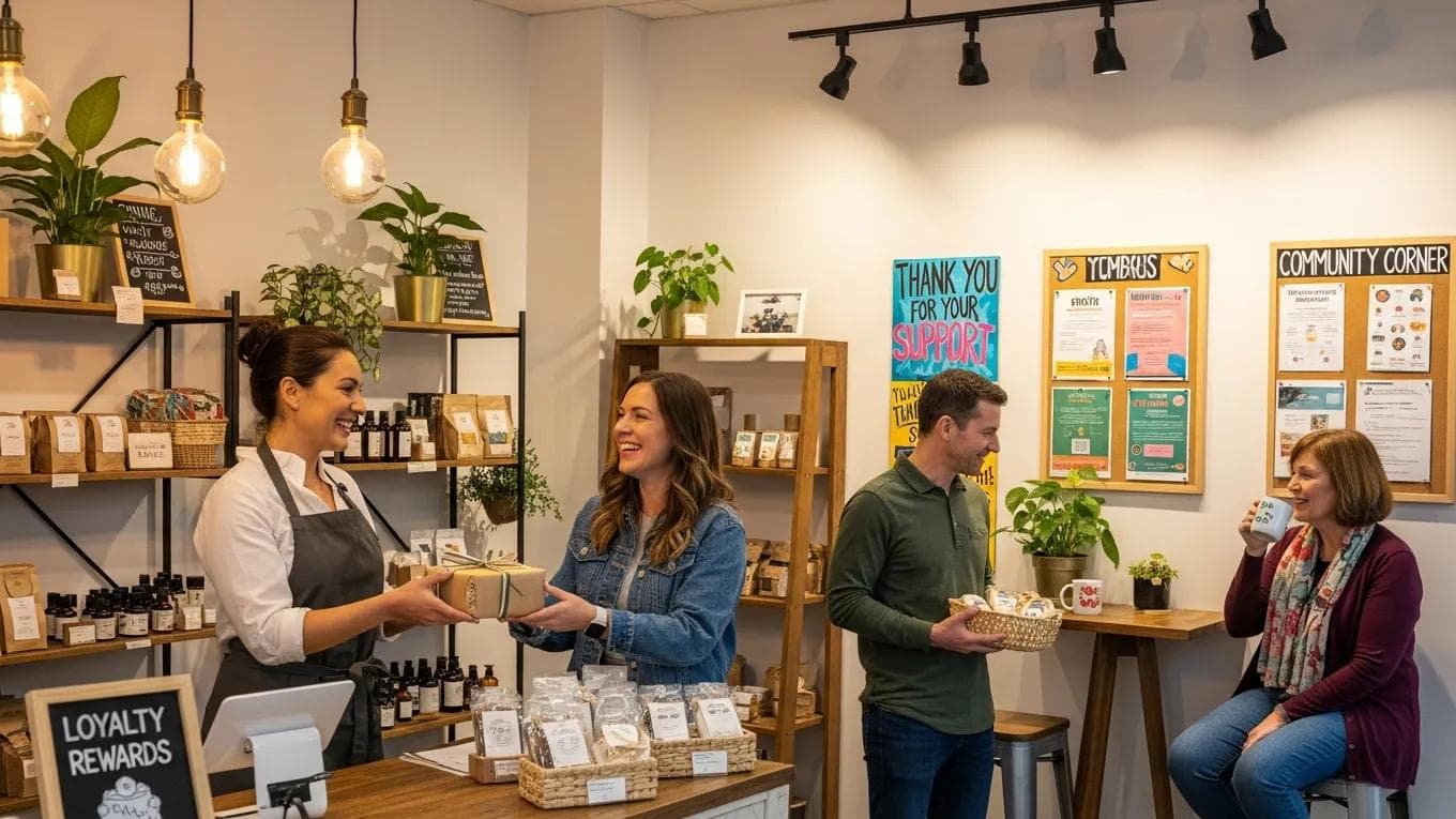 Small business owner engaging with satisfied customers in a welcoming retail space