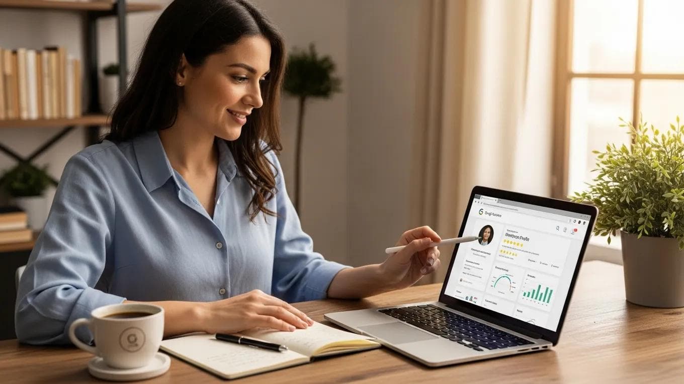 Small business owner optimizing Google Business Profile on a laptop in a cozy office