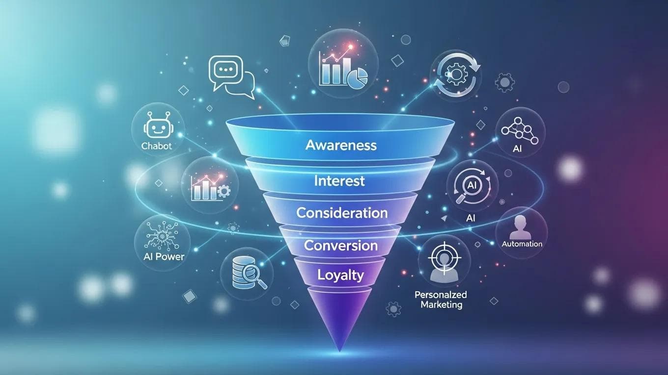 Visual representation of a marketing funnel with AI tools, illustrating the conversion process for small businesses