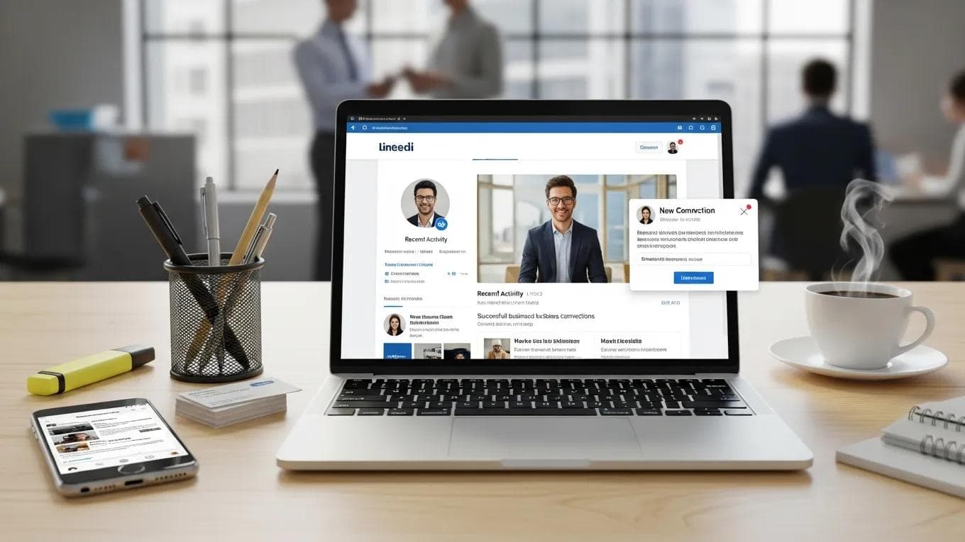 Engaging workspace featuring a laptop with LinkedIn, emphasizing social media and business leads