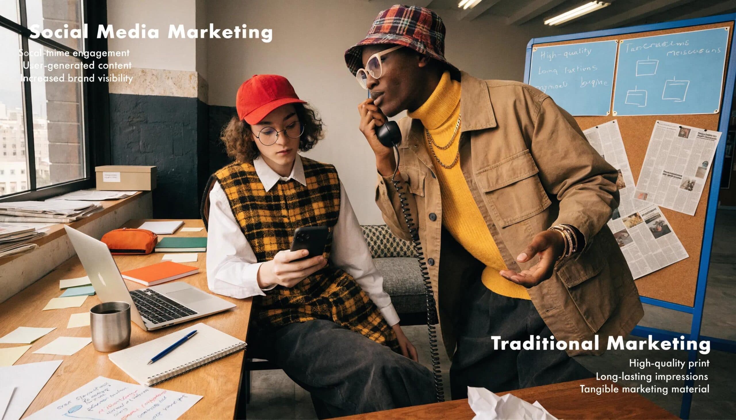 Visual comparison of social media and traditional marketing methods in a modern workspace