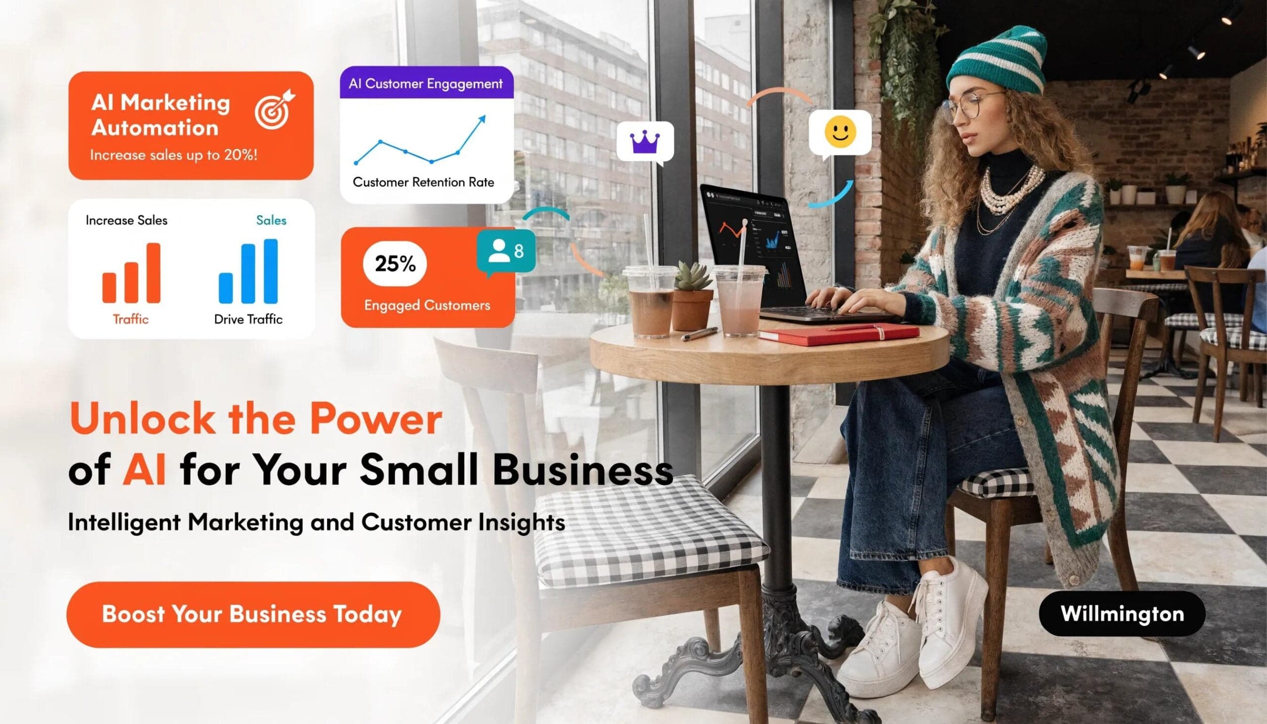 AI-driven marketing systems for small businesses showcasing a business owner engaging with marketing technology