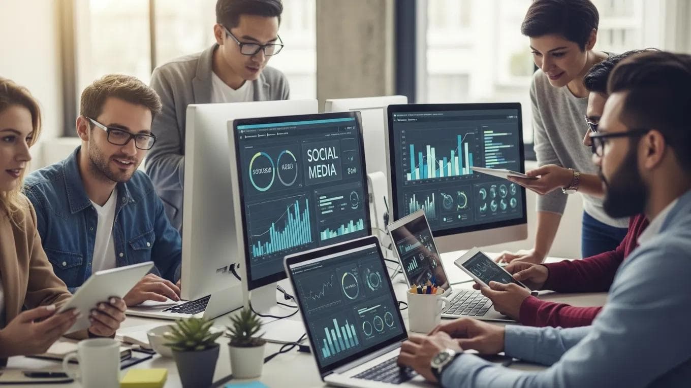 Team of diverse professionals analyzing social media marketing data in a modern office setting