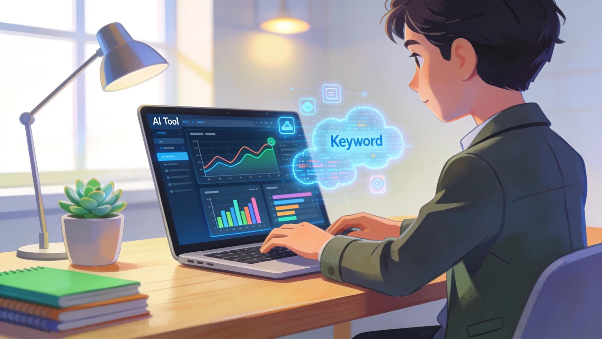 Small business owner utilizing AI tools for SEO in a modern workspace