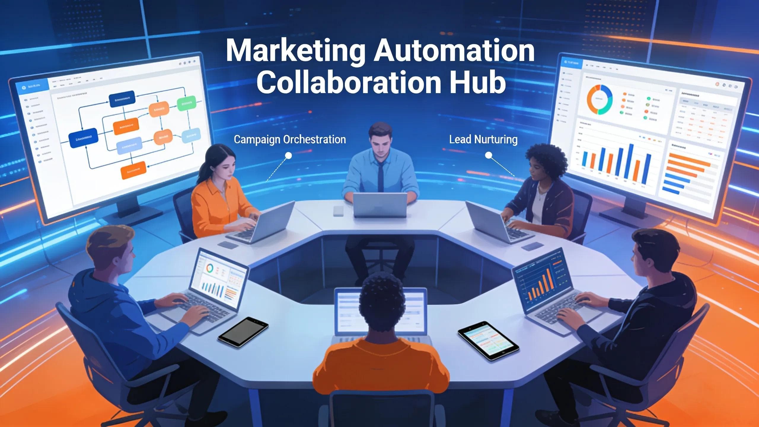 Dynamic workspace illustrating collaboration in marketing automation strategies