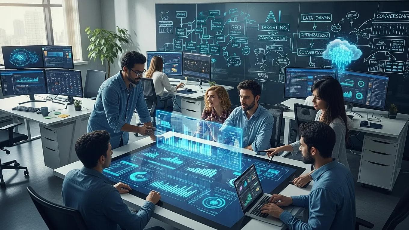 AI-powered digital marketing professionals collaborating in a modern office